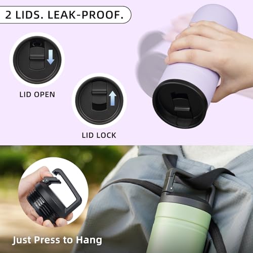 Image of BJPKPK 20 oz Insulated Travel Water Bottle, Coffee Tumbler Stainless Steel | Double Wall Vacuum, Leakproof, Thermal, Keeps Hot /Cold, BPA Free, Dishwasher Safe, Spill Proof, Wide Mouth, 2 Lids, Purple