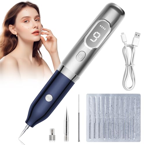 Aytop Professional Mole Remover Pen Kit with 9 Modes & LCD Display, Portable USB Rechargeable Skin Tag Removal Pen with Replaceable Needles for Wart Freckle Nevus (Blue/Silver)