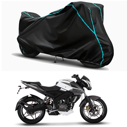 Image of Waterproof Bike Body Cover Compatible for | Bajaj Pulsar NS200 STD | Taffeta Fabric, Sky Piping Design, Bottom Elastic Fit | Dustproof, Sun UV & Rain Protection for All Weather.