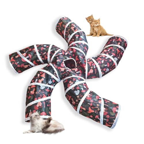 Image of EGETOTA Cat Tunnel for Indoor Cats Large, with Play Ball S-Shape 5 Way Collapsible Interactive Peek Hole Pet Tube Toys, Puppy, Kitty, Kitten, Rabbit (S5 - Mushroom)