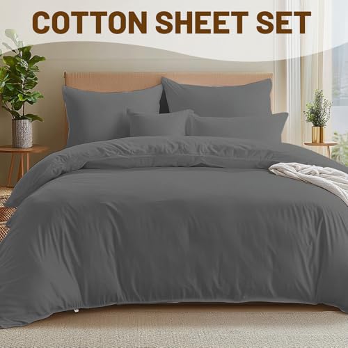 MEISHANG Cotton Sheets Queen Size - 600 Thread Count Sateen Sheet Set - Soft, Breathable, Cooling Egyptian Cotton with Deep Pocket - 4 Pieces(Silver Grey)
