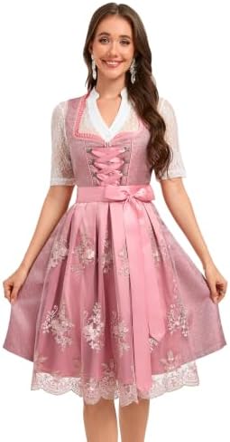 YesFashion Dirndl Damen 3tlg. Elegantes Trachtenkleid in Rosa mit Pailletten, Bestickter Schürze und Spitzenbluse – Klassisches Midi Dirndl für Oktoberfest