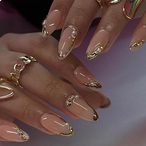 GlamRays 24 uñas postizas de almendra mediana con perlas de diseño de joya dorada, línea francesa, uñas postizas, uñas adhesivas brillantes