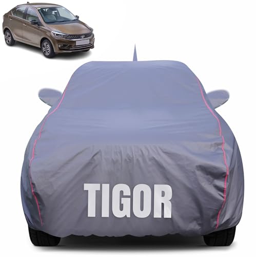 Image of 100% Waterproof Car Body Cover for Tata Tigor with Mirror Pocket (Heat & UV Resistant, Triple Stitched, Soft Lining, Bottom Elastic & Piping) Grey