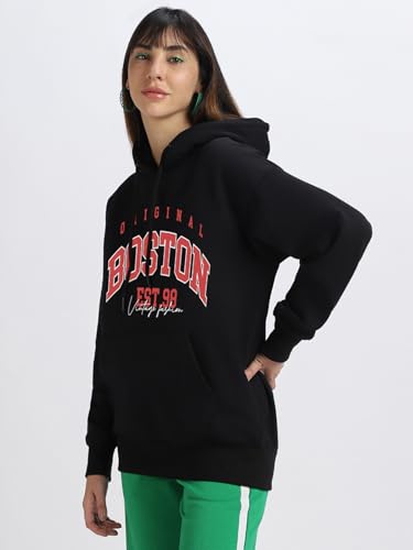 Image of JUNEBERRY Cotton Fleece Regular Fit Hooded Sweatshirt Lastest Back Graphic Printed Winter Hoodies for Women (Available in Colors: Black, SOYA Bean, Orange, Marshmellow, White & Lilac)