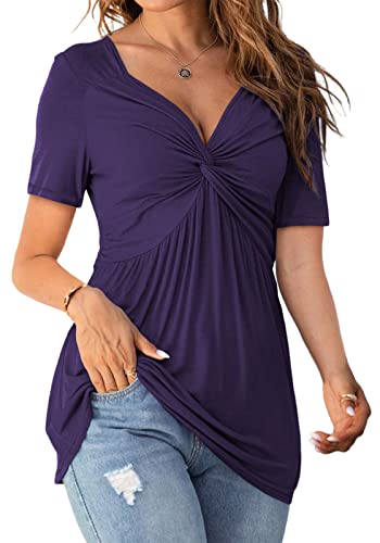 Image of Tankaneo Womens Front Knotted V-Neck Blouse T Shirt Short Sleeve Oversized Tunic Tops Summer Solid Pullover Tees