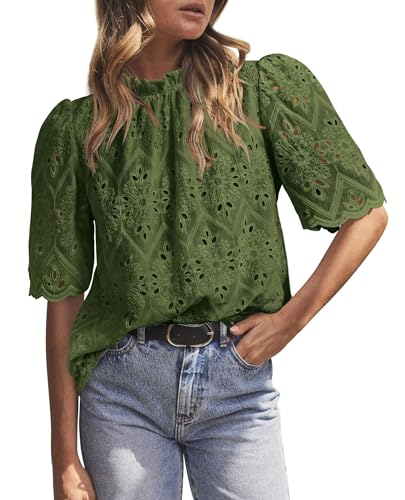 PRETTYGARDEN Summer Tops for Women 2026 Short Sleeve Embroidered Eyelet Shirts Dressy Casual Blouses Spring Fashion Clothes(Army Green,X-Small)