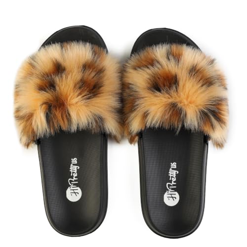 Image of Women's Faux Fur Slides, Open Toe Cute Fur Slippers, Indoor or Outdoor Comfortable Furry Slide Sandals With Fluffy Fur