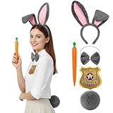 Bunny Ears Headband, 5-Piece Rabbit Costume Accessories Set for Women, Includes Tail, Bow Tie, Carrot Pen, Police Badge, Police Role Play Perfect for Halloween Carnival Cosplay and Themed Parties