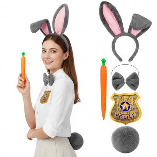 Bunny Ears Headband, 5-Piece Rabbit Costume Accessories Set for Women, Includes Tail, Bow Tie, Carrot Pen, Police Badge, Police Role Play Perfect for Halloween Carnival Cosplay and Themed Parties