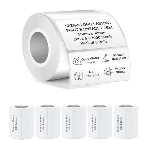 Image of Seznik Waterproof, Non-Tearable, Sticky Thermal Lables, Label Roll, 2 inch Adhesive Thermal Labels for Label Printers (50mmx30mm - 1000 Lables)