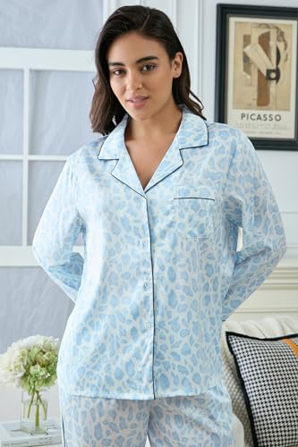 Image of YiNi LuLu Womens Silk Satin Pajamas Set Button Down 2 Piece Pjs Long Sleeve Oversized Sleepwear with Pockets