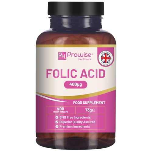 Comprimidos de ácido fólico 400 mcg - 400 comprimidos veganos de vitamina B9 | Suministro para 13 meses | Vitamina B9 para el embarazo | Fabricado en el Reino Unido – Prowise healthcare