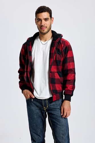 Image of TanBridge Plaid Flannel Hoodie Sherpa Fleece Lined Shirt Jacket Cotton Hoodies Zip Up Winter Warm Coat