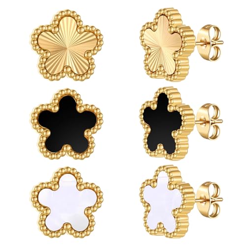 Clover Earrings for Women Stainless Steel Hypoallergenic Clover Stud Earrings (Gold/Black/White)