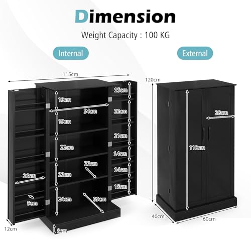 TANGZON Kitchen Cupboard, Kitchen Pantry Cabinet with Doors & Adjustable Shelves, Space Saving Larder Storage Cupboard Organiser for Dining Room Living Room Entryway (Black, 60 x 40 x 120cm)