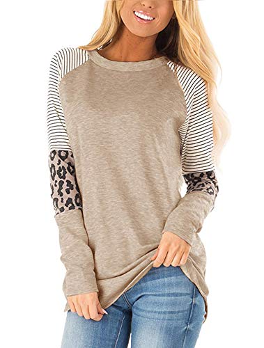 Long Sleeve Tunic Tops for Women Casual Leopard Print Tops Loose Fit Comfy T-Shirts Blouses (Medium, Khaki)