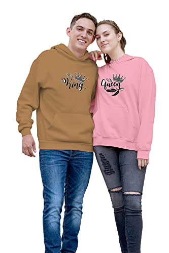 Image of Cute Couples Hoodies for Matching Outfit King Queen Printed Cotton Round Neck with Ribs and Pockets Unisex