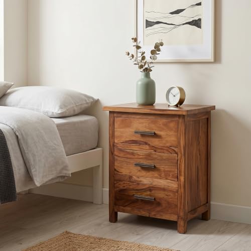 Image of SHIKHA WOOD CRAFT Solid Sheesham Wood Bedside End Table with 3 Drawer Storage for Bedroom Wooden Nightstand Table Home Office (Honey Finish)