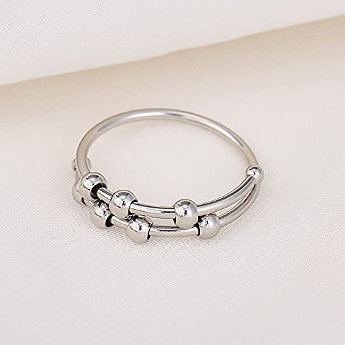 Serynow Fidget Ring Double Layer Anxiety Rings For Women Adjustable Worry Rings Beads Stress Relief Ring Fidget Spinner Rings For Girls Men (Silver B 2Pcs) #TOP2