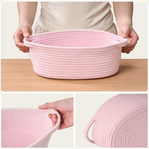 Image of Small Woven Gift Basket Empty with Bag & Ribbon, Storage Basket for Father's Day for Dad, Baby Shower, Raffle, Birthday, Cute Organizer with Handles, 12 inchx8 inchx5 inch, Pink /Pink Floral
