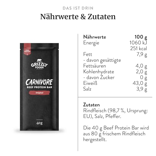 Grizzly Foods • Carnivore Beef Bars (5 x 40g) • 100% Rindfleisch • Über 40% Protein • Ohne Zucker & Zusätze • High Protein Low Carb Snack • Fleischriegel für Sport, Fitness, Muskelaufbau & unterwegs