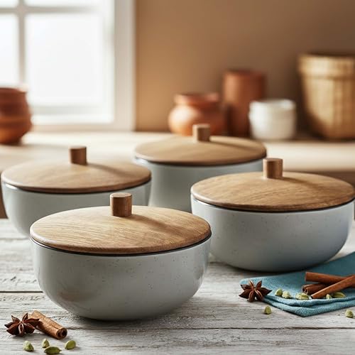 Image of The Earth Store Glossy Grey Marble Ceramic Bowl Set of 4 - 500ML Each with Nob Wooden Lid | Mixing Bowls for Snacks, Rice, Dal, Fruits, Salad Microwave Safe Bowl with Lid Perfect Gifting & Daily Use