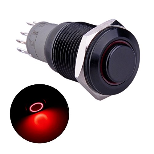 Ulincos® Latching Push Button Switch U16C2 1NO1NC SPDT ON/OFF Black Metal Shell with Red LED Ring, no Pigtails, Suitable for 16mm Mounting Hole