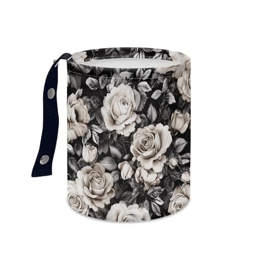 Image of Black White Rose Car Trash Can Cute Garbage Bin Hanging Portable Dustbin Bin Waste Basket Collapsible Small Trash Can Easy to Clean