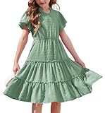 Arshiner Tween Girls Dress Summer Flutter Sleeve V Neck Tiered Swiss Dot Boho Beach Dresses with Pockets Light Green 10-11Y