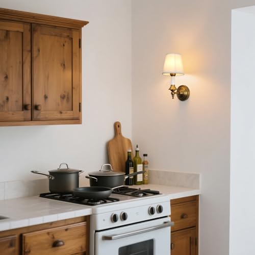 Image of Phansthy Hardwired Wall Sconces Set of 2, Modern Bathroom Vanity Sconces Wall Lighting with Fabric Shade Antique Gold Wall Lamps (White Shade, Hardwired (2 Pack))