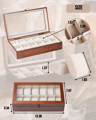 Image of Watch Box, Watch Case for Men Women with Large Glass Lid, Wooden Watch Display Storage Box with 12 - Slots, Classic Walnut Mens Watch Box Organizer