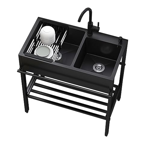 Black Utility Sink, Freestanding Stainless Steel Sink, Workstation Sink, Double Bowl Kitchen Sinks with Pull-Out Sprayer Faucet(81x45cm/31.8x17.7in)