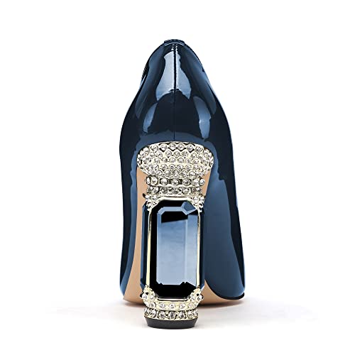 Image of JANSEVEN Women Chunky Heels Pumps Crystal Block Heels with Rhinestones Pointed Toe Sexy Gradient Patent Leather Slip on Bridal Party Wedding Dress Shoes 5-13 M US