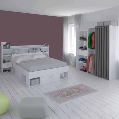 Miroytengo Pack Dormitorio Matrimonio Chicago con Cama, Cabecero y Vestidor en Color Blanco 135-140x200 cm
