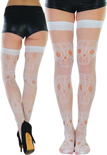 Image of ToBeInStyle Women's Sugar Skull Dia de los Muertos La Catrina Skeleton Bones Tights & Thigh High Stockings