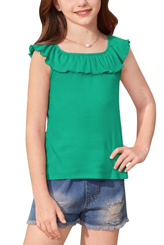 Image of BesserBay Girls Summer Ruffle Trim Square Neck Knit Ribbed Tank Top Cute Strechy Sleeveless Trendy Tee Shirt 5-14 Years
