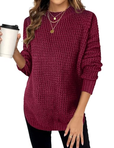 Libsorge Womens Chunky Long Sweater for Women Fall Winter Spring 2025 Trendy Ladies Dressy Casual Cute Waffle Knit Crewneck Mock Neck Long Sleeve Pullover Sweaters Top Ancora Red L