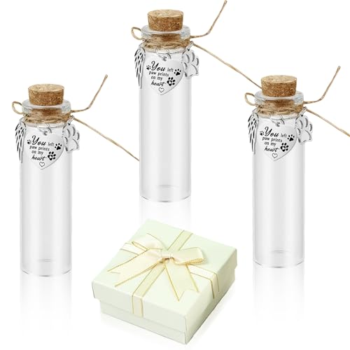 Tarqite 3 St&uuml;ck Tierhaare Miniflasche mit Korken, Gedenk Glasfl&auml;schchen f&uuml;r Asche, Transparente Leer Tierhaar Glas Andenken mit Geschenkbox f&uuml;r Hunde, Katzen Asche,Erinnerung, Trauergeschenk