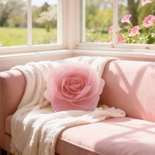 Image of JWH Stereo Flower Throw Pillow Covers Aesthetic Decorative Floral Accent Pillow Cases Round Rose Cushion Handmade Pillowcase for Sofa Couch Living Room Bed 12 Inch Pink