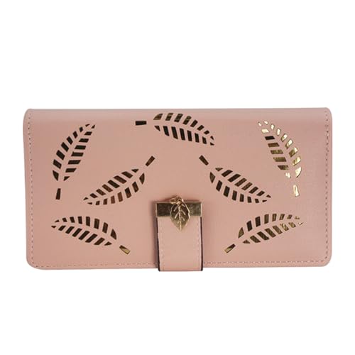 Women's long wallet, hollowed-out gold leaf pattern, double-folding zipper double-layer bag, 12 card slots, large-capacity zipper seal, 3.74 × 7.48 inches, pink