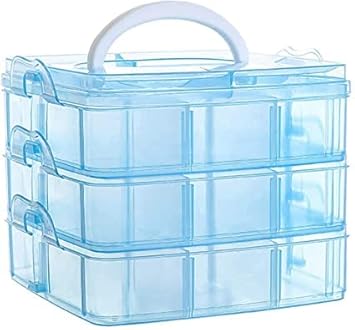 3 layer 18 grid plastic transparent jewelry storage box case for earrings,ring,chain,sewing button,necklaces, art and craft accessories organizer box holder (Blue)