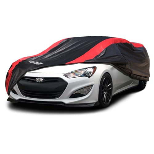 Image of Car Cover Custom Fit for Hyundai Genesis Coupe 2008-2016 | Red Strip Design, Cotton Liner for Paint Protection, Sun Rain Snow UV Proof, Door Zipper, Windproof Buckle, Storage Bag