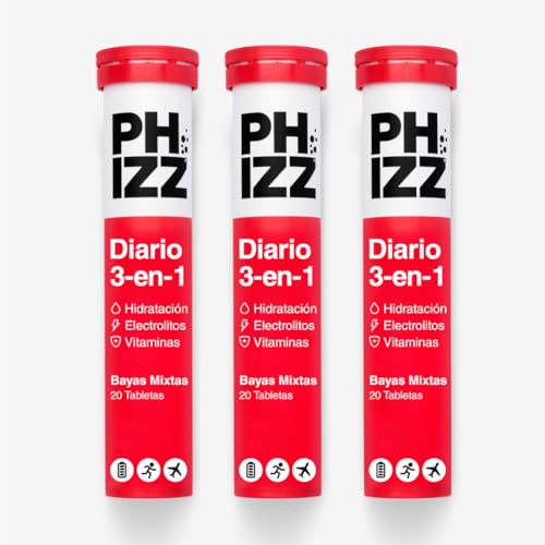 Phizz Electrolitos, Multivitaminas e Hidratación Efervescente Comprimidos - 18 Vitaminas y Minerales, Vitamina C, Añade a tu Botella de Agua y Bajo en Calorías (60 Pastilla, Frutos Rojos)