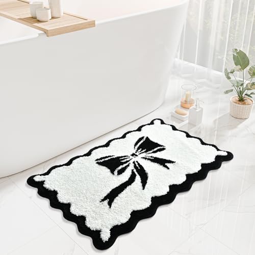 Anybar Bow Bath Mat Black White Bathroom Rug Cute Scalloped Rugs Non Slip Floor Carpet Microfiber Bathmat Soft Super Absorbent Machine Washable Bathmat for Shower Scallop Bathroom Mats（20x32 inch） by Anybar - Used condition - Image 6