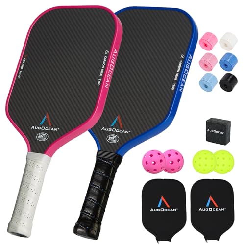 Pickleball Paddles Set of 2,Carbon Pickleball Paddle Set Pro,3K Raw Carbon Fiber Surface with High Grit and Spin,T700SC Carbon Fiber Pickle Ball Rackets 16 MM,USAPA Approved (Pink-Blue 2PCS),2 Covers