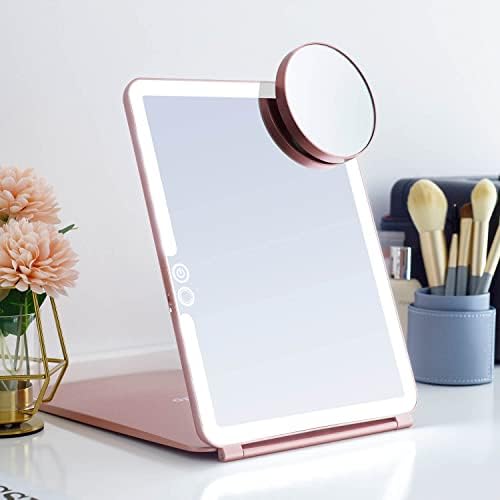 LED Foldable Travel Makeup Mirror - 7x9 inches 3 Colors Light Modes USB Rechargeable Touch Screen, Portable Tabletop Cosmetic Mirror for Travel, Cosmetic, Office (Rose Gold)