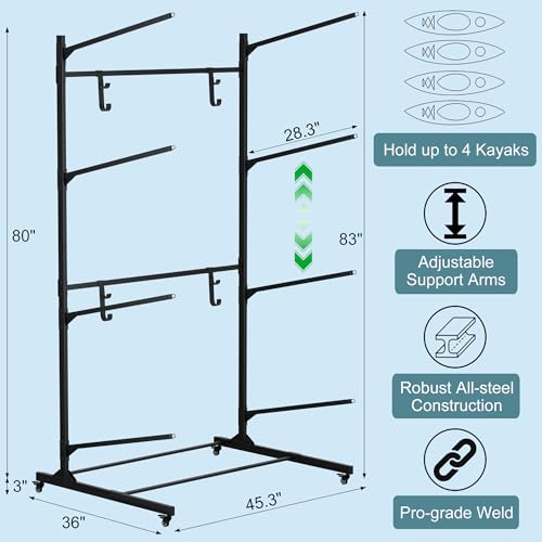 Reliancer Freestanding Kayak Storage Rack w/Wheel,Adjustable 4-Layer Storage Rack for 4 Kayaks,SUP,Surfboard & Paddleboard,Indoor & Outdoor Canoe and Kayak Holder w/4 Paddle Hooks,for Boat Dock,Garage - Thumbnail 2