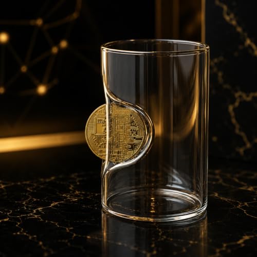 Image of Bitcoin Embedded Glass Tumbler, Unique Crypto Coin Design Drinking Glass Clear Transparent Glass for Water, Coffee & Beverages