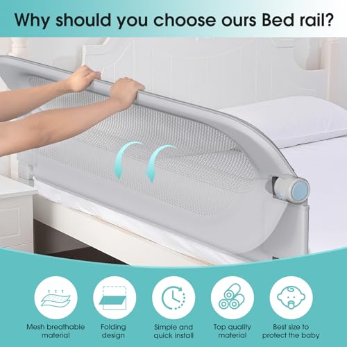 NUTIKAS Baby Bed Rail Guard for Toddlers - 78\" Toddler Bed Rails for Twin, Full, Queen, King Bunk Size Bed Swing Down Bedrail Extral Tall Child Safety Side Railing Guards for Kids Gray